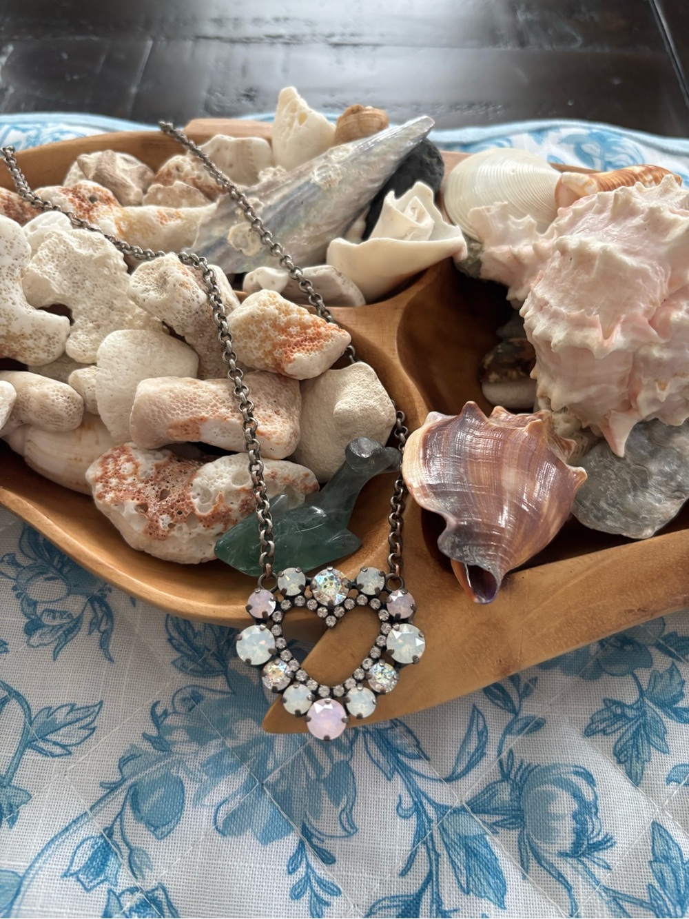 Iridescent Crystal Heart Necklace in Pale Pink and White